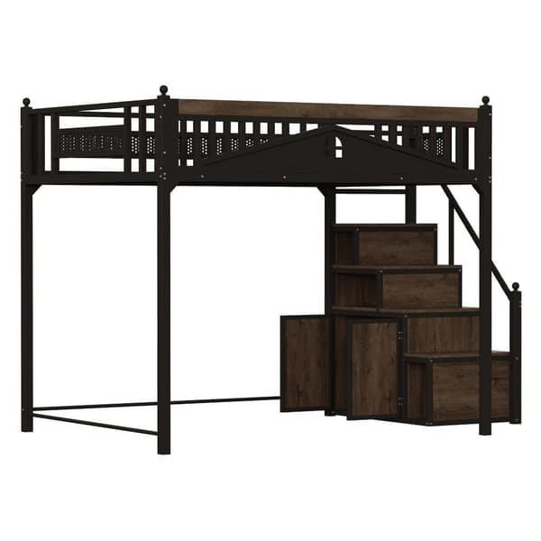 Hems i metal 140x200 cm, sort – med gelænder, vinduesdesign og dekorative metalkugler, vendbar stige med opbevaringsskab