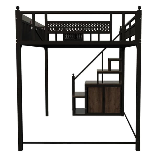 Hems i metal 140x200 cm, sort – med gelænder, vinduesdesign og dekorative metalkugler, vendbar stige med opbevaringsskab