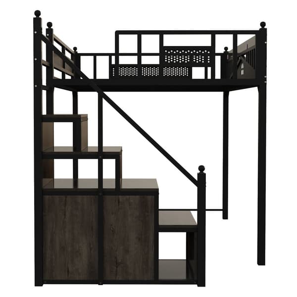 Hems i metal 140x200 cm, sort – med gelænder, vinduesdesign og dekorative metalkugler, vendbar stige med opbevaringsskab