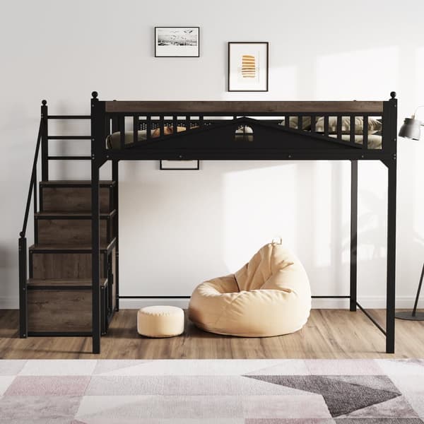 Hems i metal 140x200 cm, sort – med gelænder, vinduesdesign og dekorative metalkugler, vendbar stige med opbevaringsskab