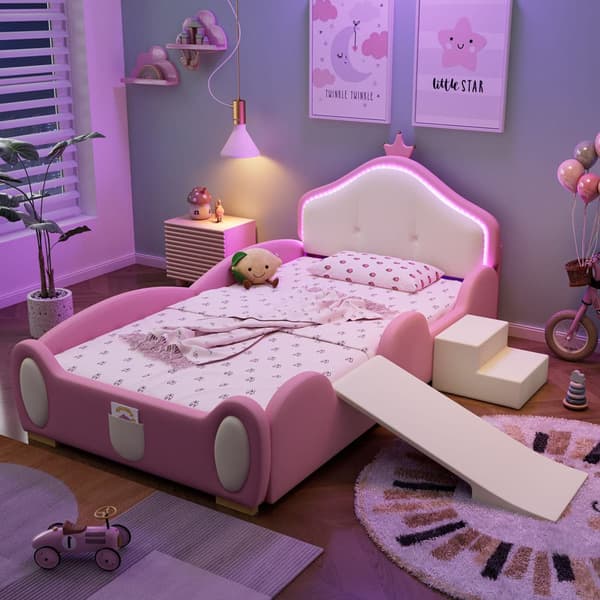 Polstersäng för barn 90x200 cm – Rosa & Beige, med kronformad rygg, LED-ljus, rutschkana, trappa & mjuka skyddskanter i PU-läder