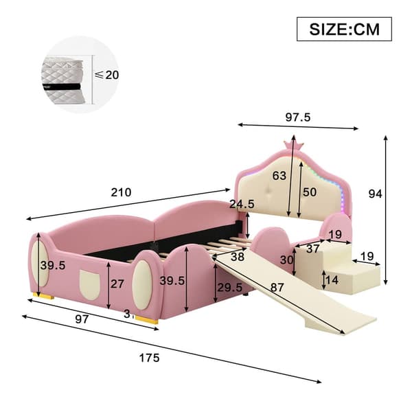 Polstersäng för barn 90x200 cm – Rosa & Beige, med kronformad rygg, LED-ljus, rutschkana, trappa & mjuka skyddskanter i PU-läder