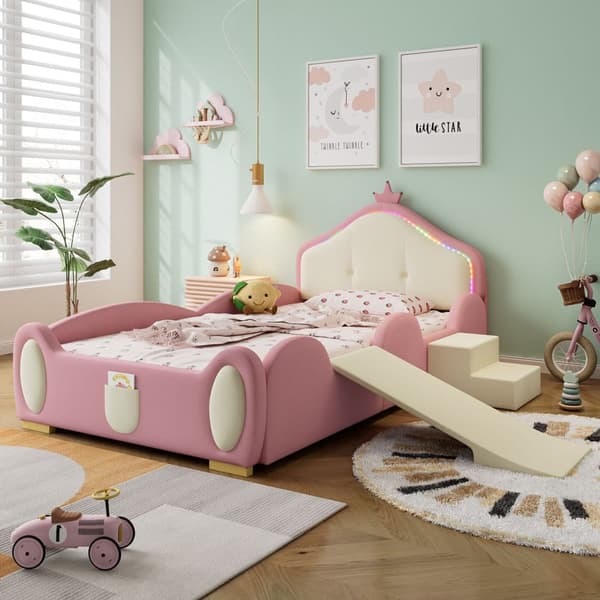 Polstersäng för barn 90x200 cm – Rosa & Beige, med kronformad rygg, LED-ljus, rutschkana, trappa & mjuka skyddskanter i PU-läder