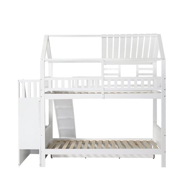 Våningssäng 90x200cm i trä och MDF - med glid- och förvaringstrappa - en stor låda under sängen - vit
