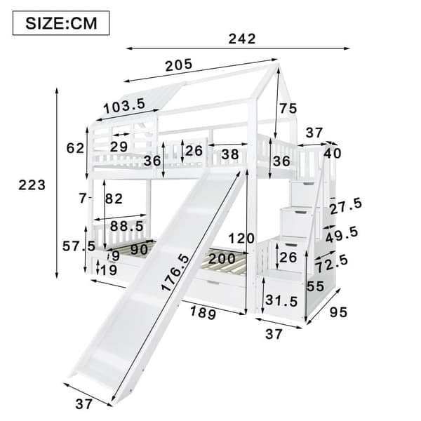 Våningssäng 90x200cm i trä och MDF - med glid- och förvaringstrappa - en stor låda under sängen - vit