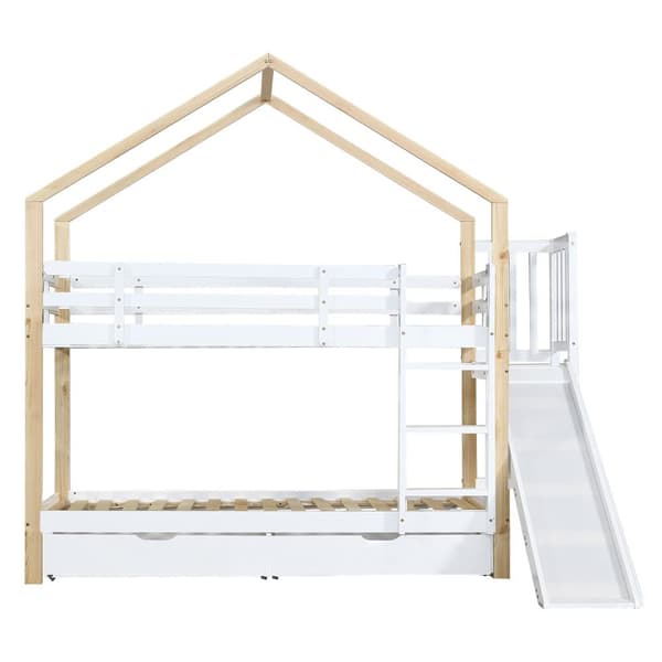 Cabane våningssäng med rutschkana, stege och lådor - massiv fururam - 90x200cm - Vit
