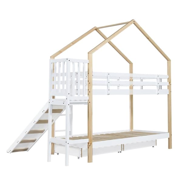 Cabane våningssäng med rutschkana, stege och lådor - massiv fururam - 90x200cm - Vit