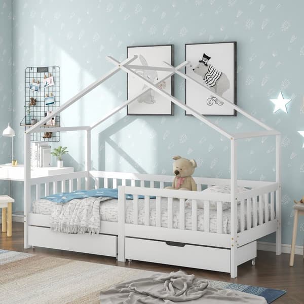 Hussäng för barn 90x200 cm – barnsäng i vitt trä med fallskydd, staket och ribbotten, inklusive 2 förvaringslådor