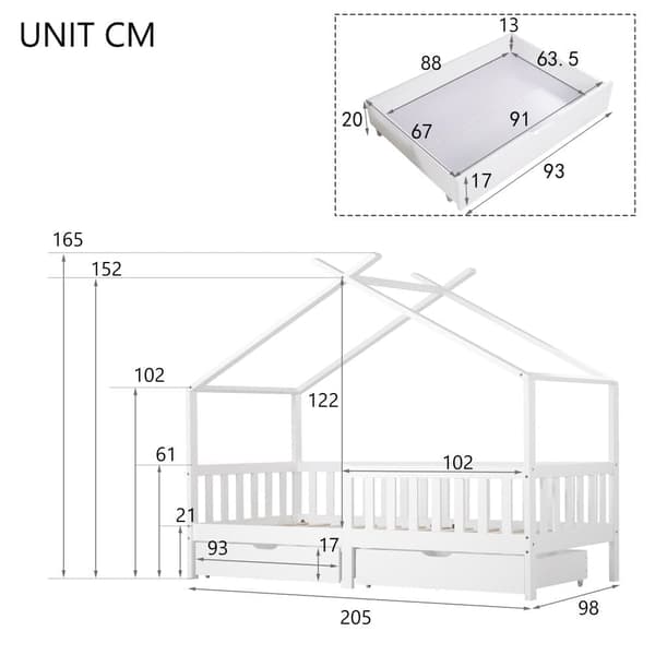 Hussäng för barn 90x200 cm – barnsäng i vitt trä med fallskydd, staket och ribbotten, inklusive 2 förvaringslådor