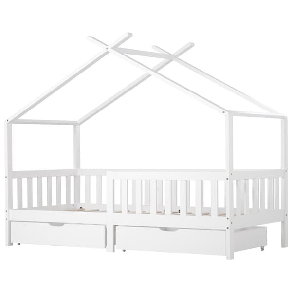 Hussäng för barn 90x200 cm – barnsäng i vitt trä med fallskydd, staket och ribbotten, inklusive 2 förvaringslådor