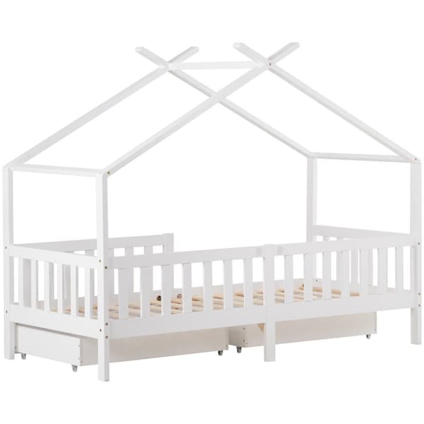 Hussäng för barn 90x200 cm – barnsäng i vitt trä med fallskydd, staket och ribbotten, inklusive 2 förvaringslådor