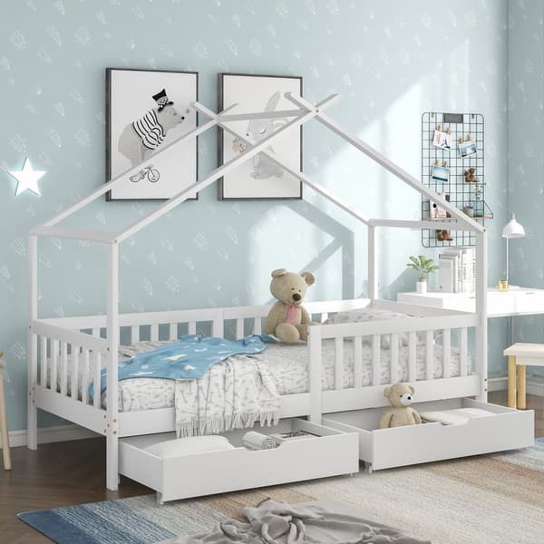 Hussäng för barn 90x200 cm – barnsäng i vitt trä med fallskydd, staket och ribbotten, inklusive 2 förvaringslådor