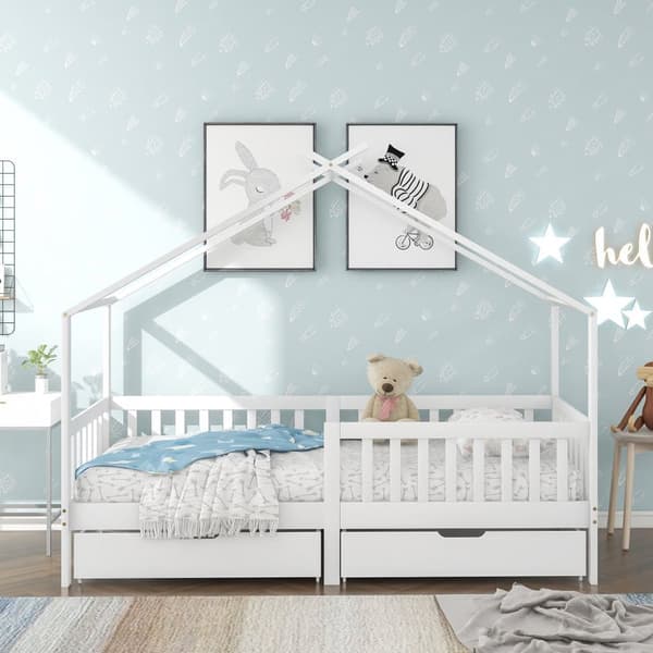 Hussäng för barn 90x200 cm – barnsäng i vitt trä med fallskydd, staket och ribbotten, inklusive 2 förvaringslådor