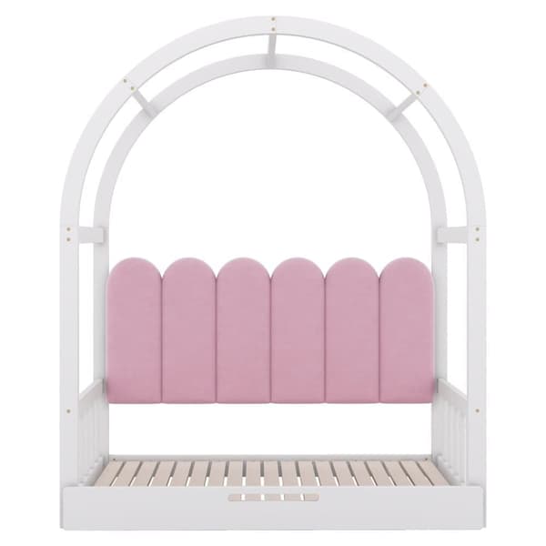 Himmelseng til børn med udtræksseng, daybed og dobbeltseng, velourpuder, stel i fyrretræ, hvid og pink, 140x100/140x200 cm