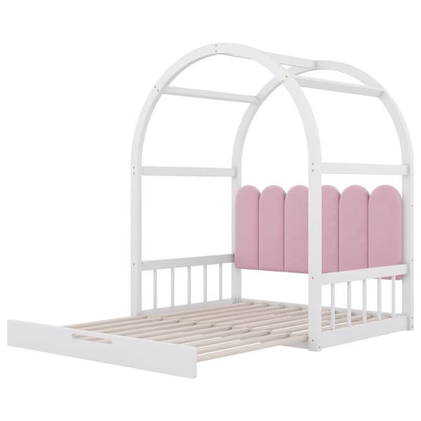 Himmelseng til børn med udtræksseng, daybed og dobbeltseng, velourpuder, stel i fyrretræ, hvid og pink, 140x100/140x200 cm