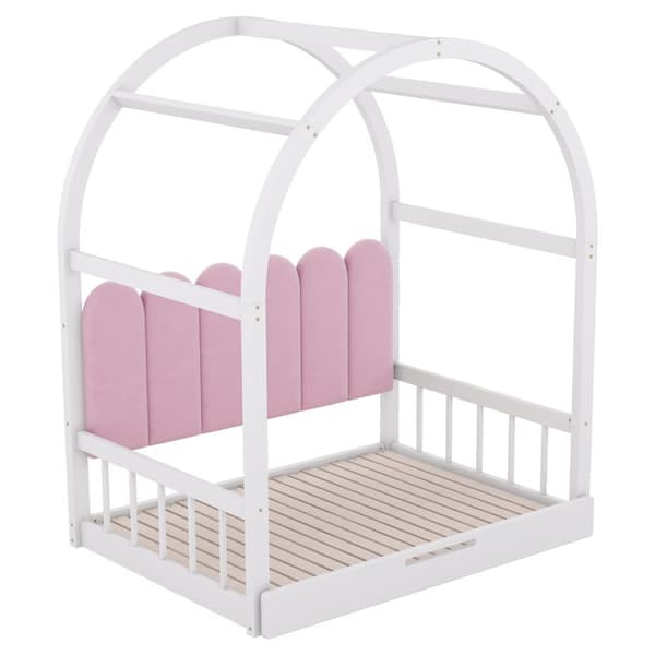 Himmelseng til børn med udtræksseng, daybed og dobbeltseng, velourpuder, stel i fyrretræ, hvid og pink, 140x100/140x200 cm