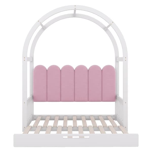 Himmelseng til børn med udtræksseng, daybed og dobbeltseng, velourpuder, stel i fyrretræ, hvid og pink, 140x100/140x200 cm