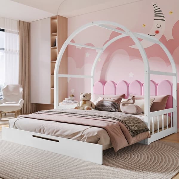 Himmelseng til børn med udtræksseng, daybed og dobbeltseng, velourpuder, stel i fyrretræ, hvid og pink, 140x100/140x200 cm