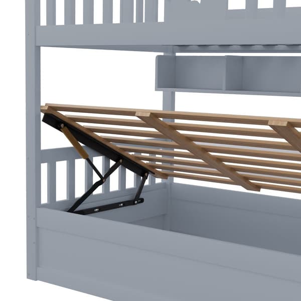 Puinen parvisänky 90x200 cm, hydraulinen alasänky, säilytysportaat ja hyllyt – kerrossänky nuorille, harmaa