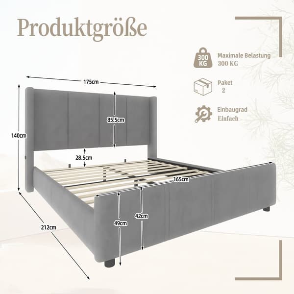160x200 cm modern dubbelsäng med hög gavel, USB-uttag, stoppad sängram i trä och metall – stabil och hållbar, grå