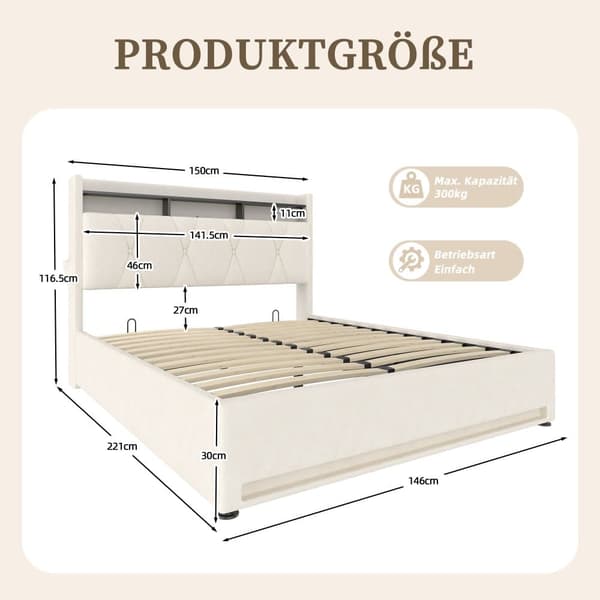 Parivuode 140x200 cm – Pehmustettu sängynrunko LED-valaistuksella, USB-C-latausportti, hydraulinen säilytystila sängyn alla ja säilytyssängynpääty – b