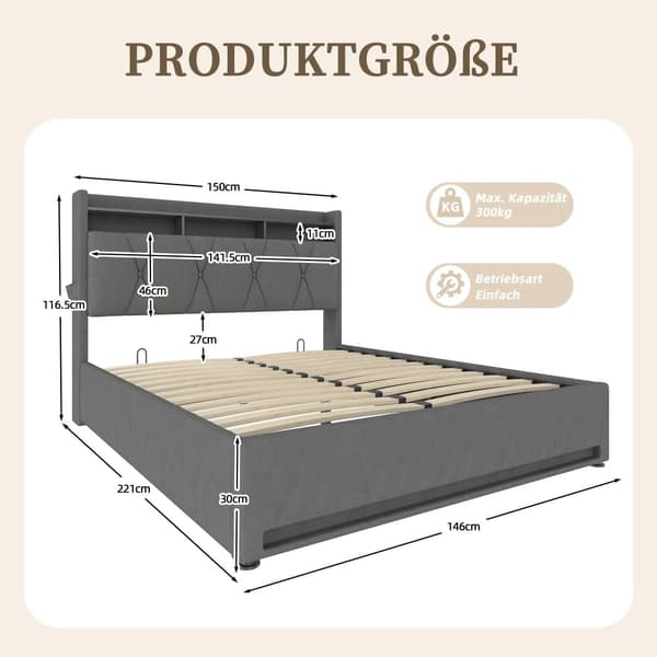 Dobbeltseng 140x200 cm med LED-belysning, USB-C opladning og opbevaring – Polstret sengeramme med hydraulisk lift, sengegavl med hylde, grå