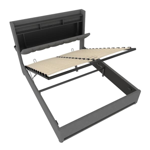 Dobbeltseng 140x200 cm med LED-belysning, USB-C opladning og opbevaring – Polstret sengeramme med hydraulisk lift, sengegavl med hylde, grå