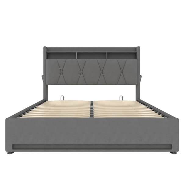 Dobbeltseng 140x200 cm med LED-belysning, USB-C opladning og opbevaring – Polstret sengeramme med hydraulisk lift, sengegavl med hylde, grå