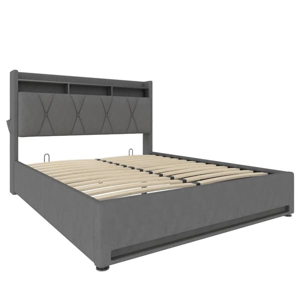 Dobbeltseng 140x200 cm med LED-belysning, USB-C opladning og opbevaring – Polstret sengeramme med hydraulisk lift, sengegavl med hylde, grå