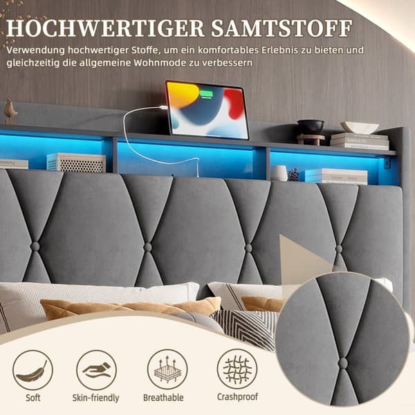 Dobbeltseng 140x200 cm med LED-belysning, USB-C opladning og opbevaring – Polstret sengeramme med hydraulisk lift, sengegavl med hylde, grå