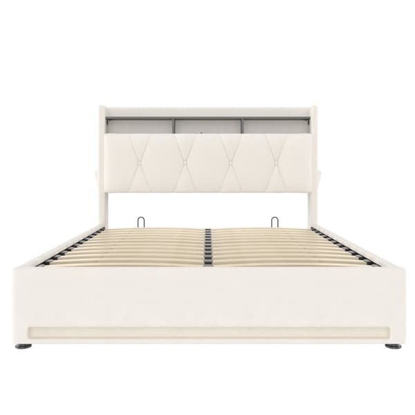 160x200 cm dobbeltseng polstret sengeramme med LED-belysning, USB Type-C opladning, opbevaring under seng og sengegavl, beige