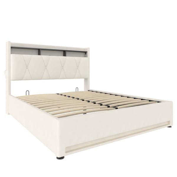 160x200 cm dobbeltseng polstret sengeramme med LED-belysning, USB Type-C opladning, opbevaring under seng og sengegavl, beige