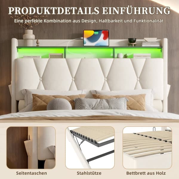 160x200 cm dobbeltseng polstret sengeramme med LED-belysning, USB Type-C opladning, opbevaring under seng og sengegavl, beige