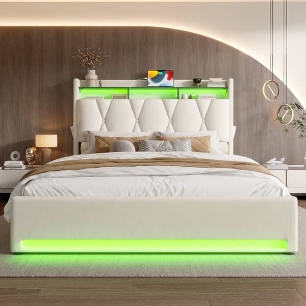 160x200 cm dobbeltseng polstret sengeramme med LED-belysning, USB Type-C opladning, opbevaring under seng og sengegavl, beige