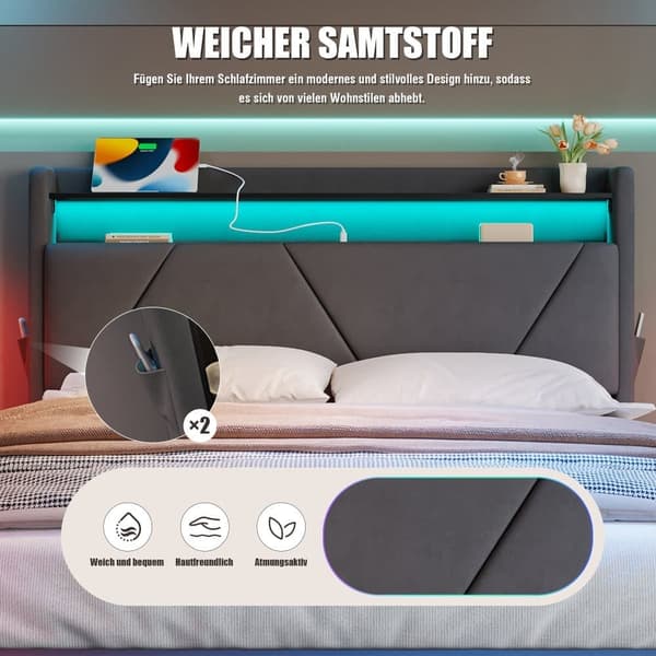 Dobbeltseng 140x200 velour med LED-belysning, USB Type-C, opbevaring under seng og sengegavl, gasfjederlift, sidelommer – Beige