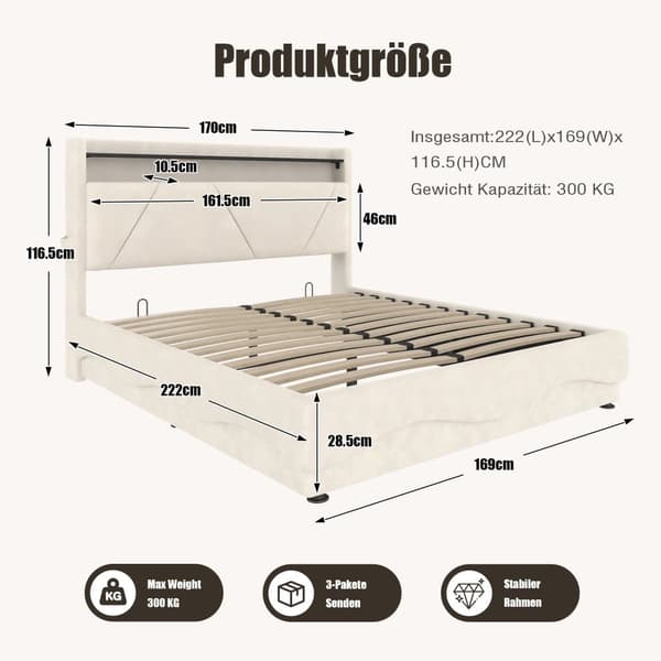 Parivuode 160x200 samettia – LED-sängynpäädyvalaistus, USB-lataus, sängyn alla oleva säilytystila, kaasujousinostin ja sivutaskut