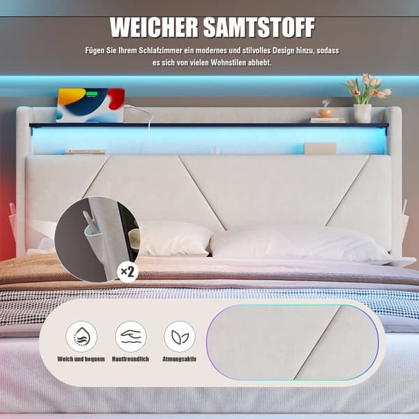 Parivuode 160x200 samettia – LED-sängynpäädyvalaistus, USB-lataus, sängyn alla oleva säilytystila, kaasujousinostin ja sivutaskut