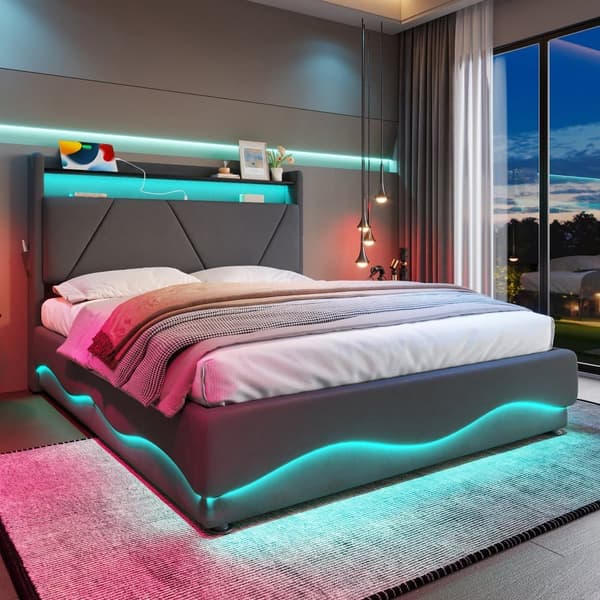 Dobbeltseng 160x200 i velour – Seng med LED-belysning, USB-stik, opbevaring og hylder i sengegavl, hævebar gasfjederbund, sidelommer