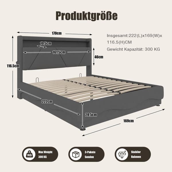 Dobbeltseng 160x200 i velour – Seng med LED-belysning, USB-stik, opbevaring og hylder i sengegavl, hævebar gasfjederbund, sidelommer