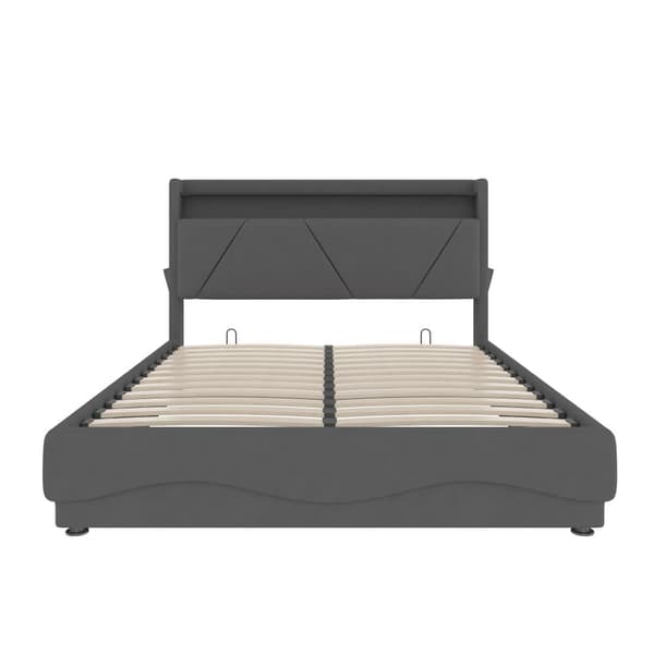 Dobbeltseng 160x200 i velour – Seng med LED-belysning, USB-stik, opbevaring og hylder i sengegavl, hævebar gasfjederbund, sidelommer