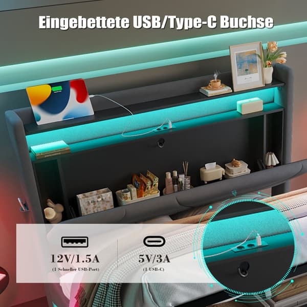 Dobbeltseng 160x200 i velour – Seng med LED-belysning, USB-stik, opbevaring og hylder i sengegavl, hævebar gasfjederbund, sidelommer