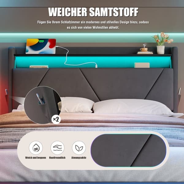 Dobbeltseng 160x200 i velour – Seng med LED-belysning, USB-stik, opbevaring og hylder i sengegavl, hævebar gasfjederbund, sidelommer