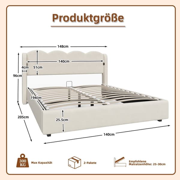 Parivuode 140x200 cm samettia – Sängynrunko aallonmuotoisella sälepohjalla, LED-valaistus, USB-C-lataus ja suuri säilytystila