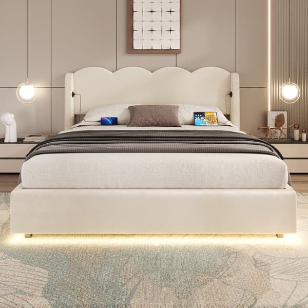 Parivuode 140x200 cm samettia – Sängynrunko aallonmuotoisella sälepohjalla, LED-valaistus, USB-C-lataus ja suuri säilytystila