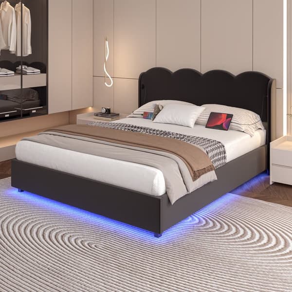 Dubbelsäng 140x200 cm i svart sammet – sängram med LED-belysning, USB-C laddning och stor förvaring, vågformat huvudgavel