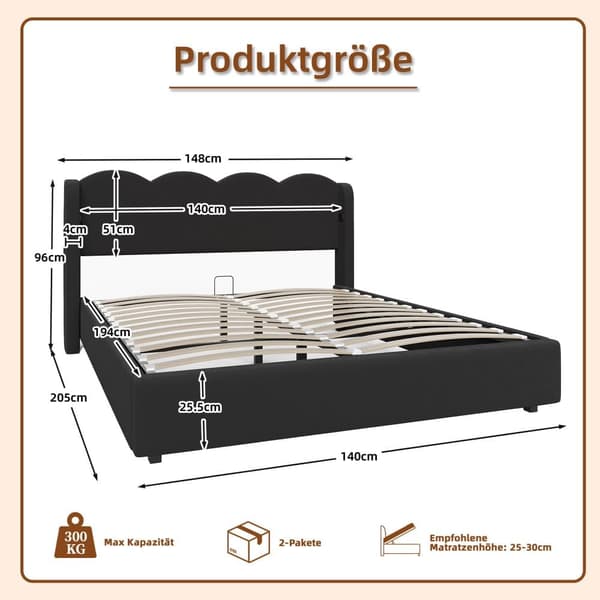 Dubbelsäng 140x200 cm i svart sammet – sängram med LED-belysning, USB-C laddning och stor förvaring, vågformat huvudgavel