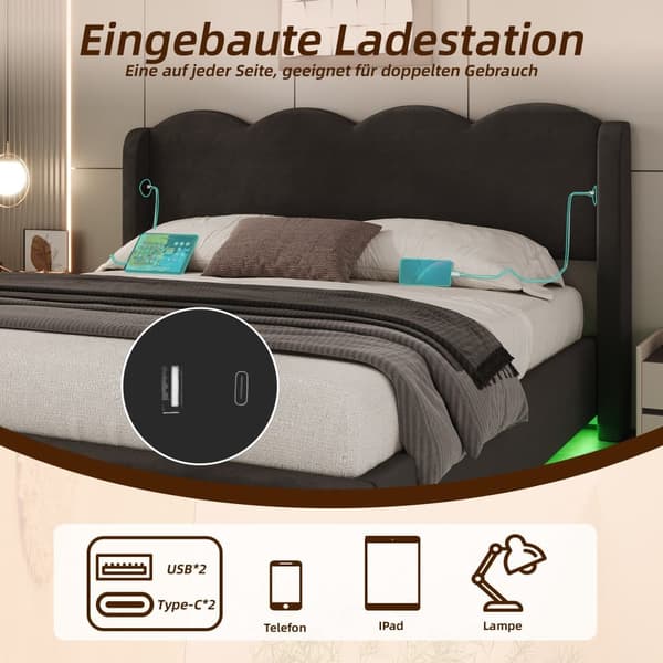Dubbelsäng 140x200 cm i svart sammet – sängram med LED-belysning, USB-C laddning och stor förvaring, vågformat huvudgavel