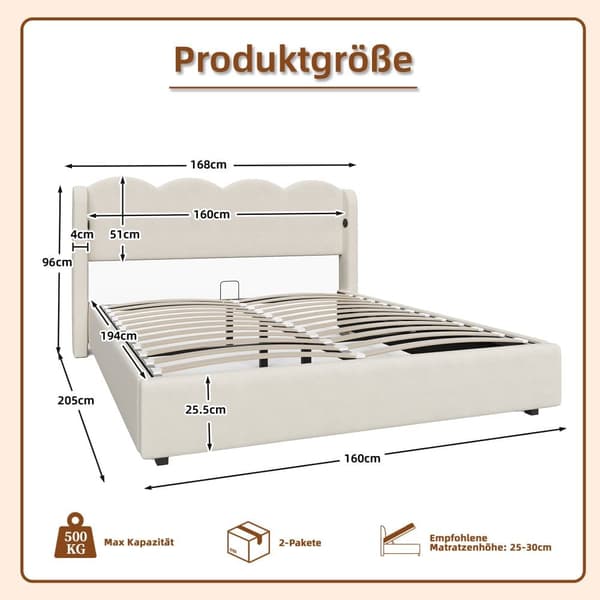 Polstringsbit 160x200 cm – Multifunktionel bølget dobbeltseng med hydraulisk lift, LED-belysning og USB-opladning, fløjlsstof