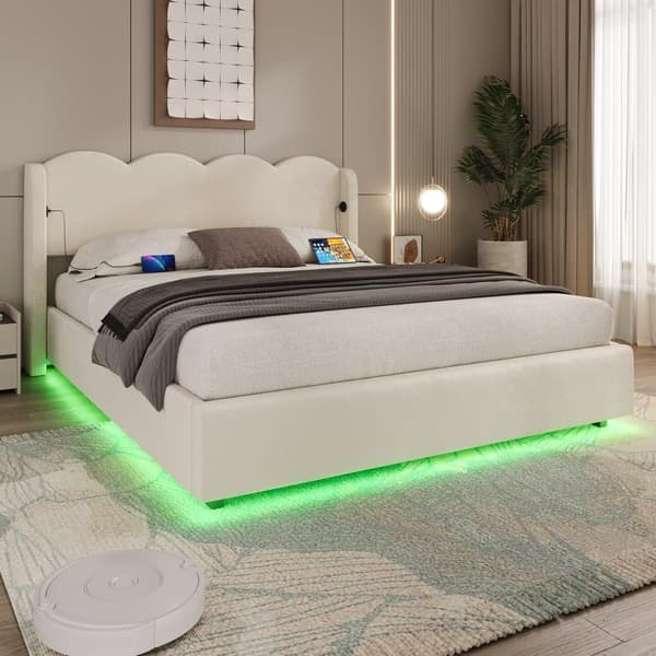 Polstringsbit 160x200 cm – Multifunktionel bølget dobbeltseng med hydraulisk lift, LED-belysning og USB-opladning, fløjlsstof