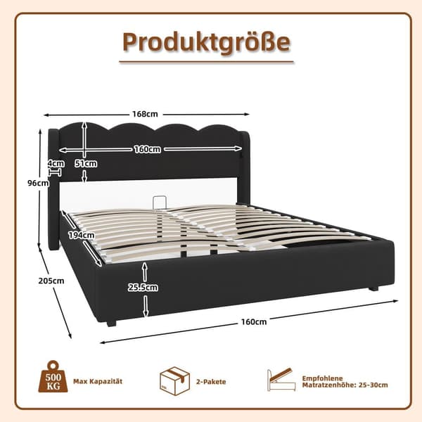 Blød polstret sengeramme 160x200 cm – Bølgeformet sengeramme med lavt fløjl med LED-lys, USB + C-opladning, stor opbevaring, sort dobbeltseng